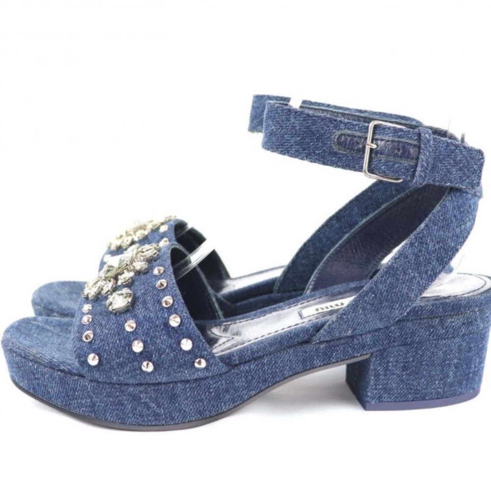 Miu Miu Denim Crystal Chunky Heel Sandals 7* - Picture 2 of 12